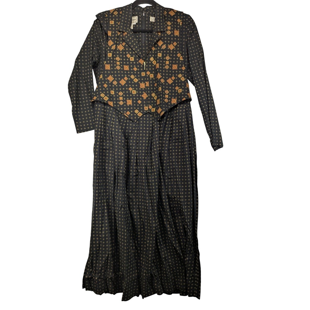Karin Stevens Black Gold Geometric Print Maxi Dress Size 6 Long Sleeve
